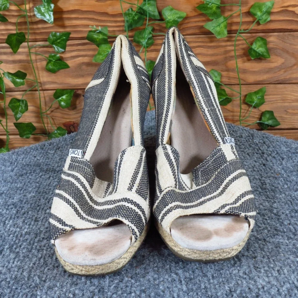 TOMS Classic Espadrille‎ Wedge Women Heel Size 10 Casual Summer Navy Blue Stripe